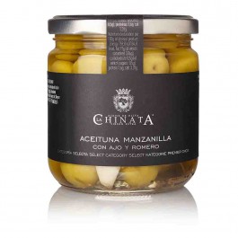 Eingelegte "Manzanilla" Oliven in Knoblauch und Rosmarin 350g