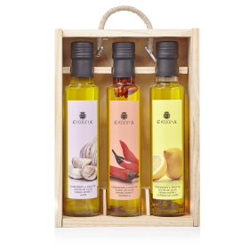 Geschenkset mit 3 Geschmacksrichtungen Natives Olivenöl Extra in Holzkiste je 250ml